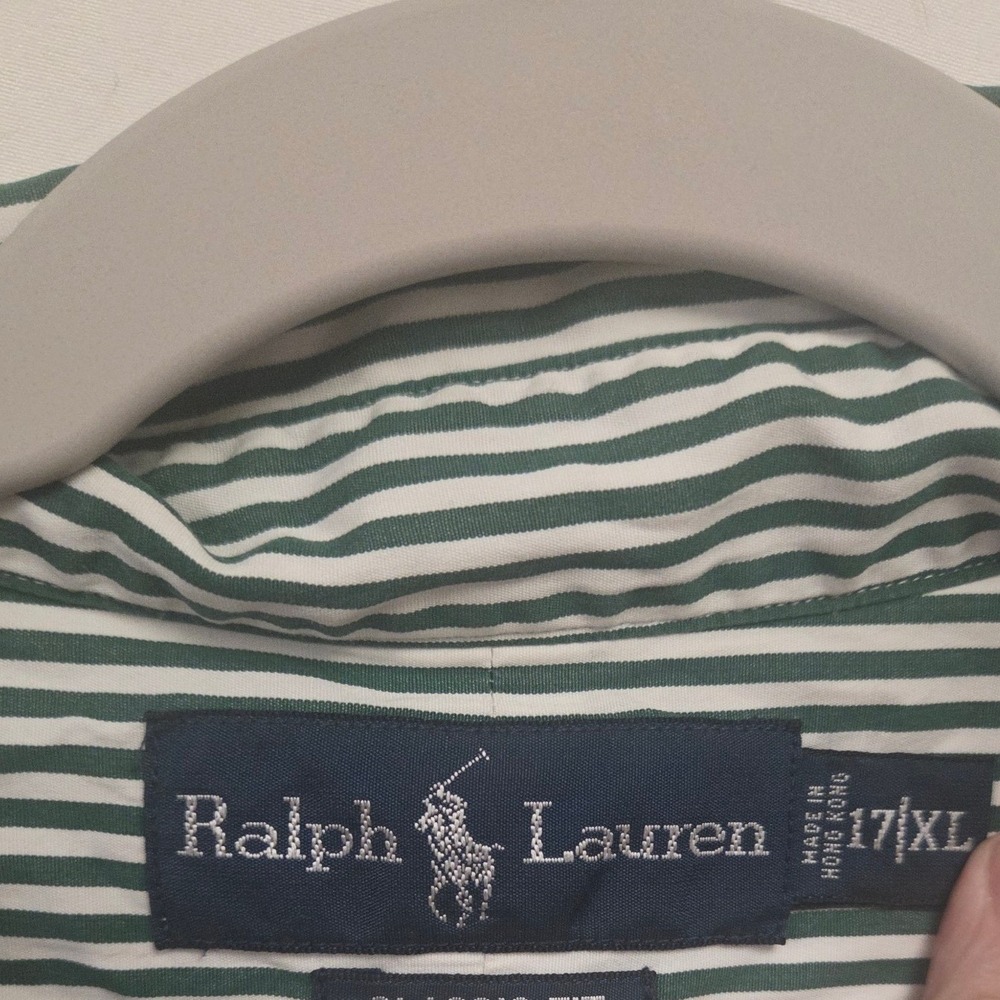 Ralph Lauren Classic Fit Green White Striped‎ Button Down Mens 17 XL Pony Logo - Picture 3 of 5